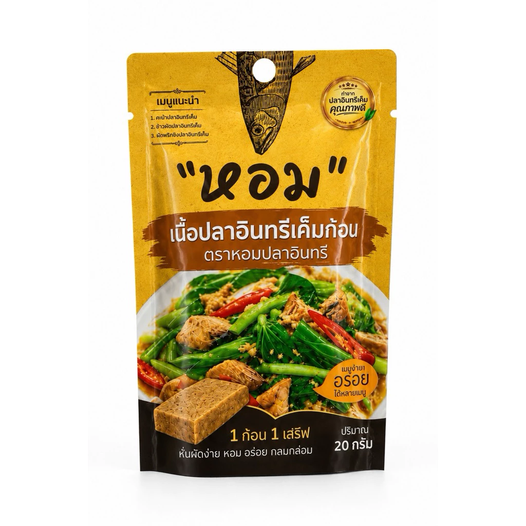 เนื้อปลาอินทรีเค็มก้อน ตราหอมปลาอินทรี 1 ก้อน ต่อ 1 เสิร์ฟ ฉีกซองทานได้เลย หรือนำไปประกอบอาหารได้ทันที
