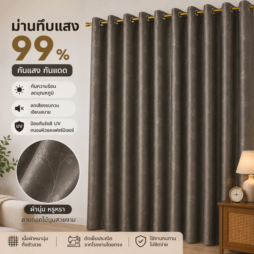 ผ้าม่านทึบแสง กันร้อน กันUV ป้องกันรังสีแดด ม่านหน้าต่าง ผ้าม่านประตู กั้นห้อง กั้นแอร์ ขนาดใหญ่ พร้อมห่วงตาไก่