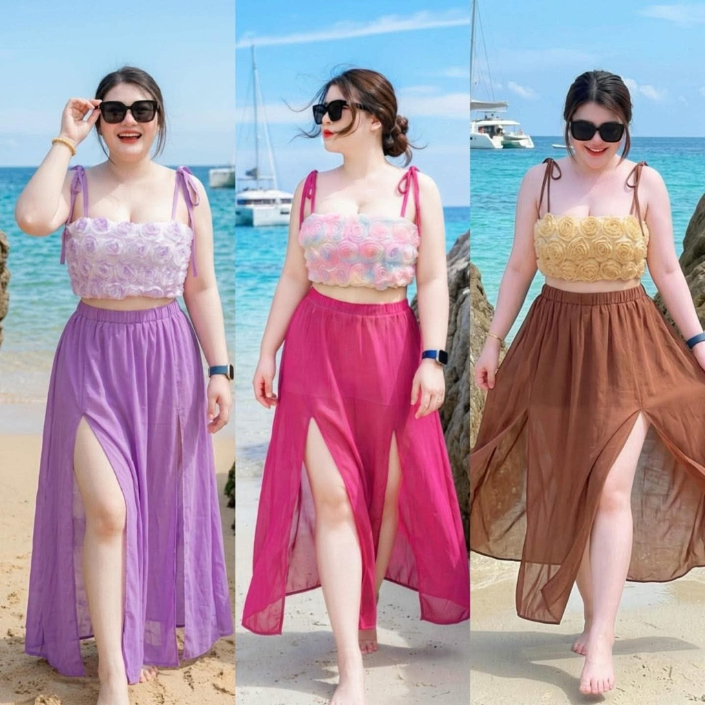 ชุดเซ็ทใส่ไปทะเลสำหรับสาวอวบอ้วน สายเดี่ยวกุหลาบ3D+กระโปางชีฟองพริ้วๆมีซับกางเกง