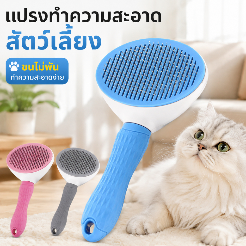 หวีแปรงขนสัตว์เลี้ยง ปุ่มเดียวทำความสะอาด ฟันปลายกลมอ่อนโยนต่อผิว สำหรับแมวและสุนัข ดูแลขนประจำวัน