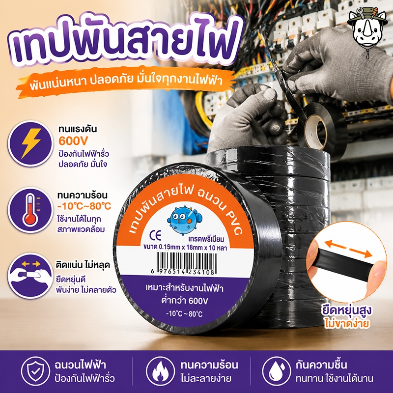 เทปดำ พันสายไฟในห้องเครื่อง ทนความร้อนสูงมากก ลอกออกไม่เยิ้ม 3/4นิ้ว x 10เมตร เทปพันสายไฟ เทปฉนวนสีดำ