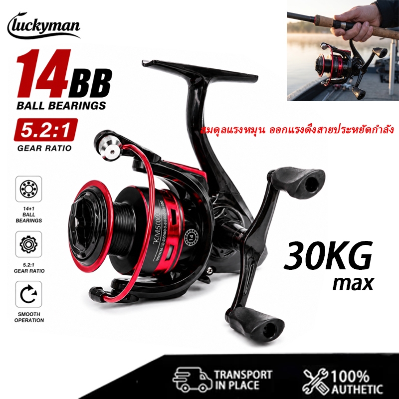 LUCKYMAN  รอกสปินนิ่งด้ามคู่ 1000-5000 สปูลตื้น โลหะเต็ม 18+1BB 5.2:1 กันน้ำเค็ม ตกปลาคาร์พ