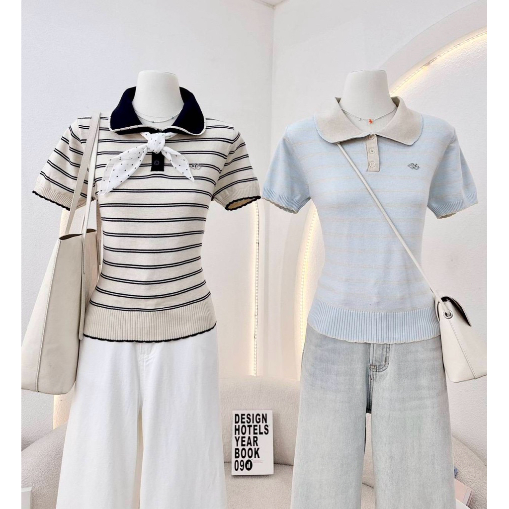 PANISA เสื้อโปโลไหมพรมแขนสั้น ปกตัดสี ดีไซน์มินิมอล เนื้อนุ่ม ใส่สบาย (สาวอวบใส่ได้)