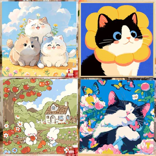 🐱DIY น้องแมว แมวน่ารัก ระบายสีตามตัวเลข พร้อมสี ขนาด 20x20 กรอบรูป ติดผนัง ระบายสี Diy แมว ของขวัญ