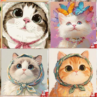 🐱DIY น้องแมว แมวน่ารัก ระบายสีตามตัวเลข พร้อมสี ขนาด 20x20 กรอบรูป ติดผนัง ระบายสี Diy แมว ของขวัญ