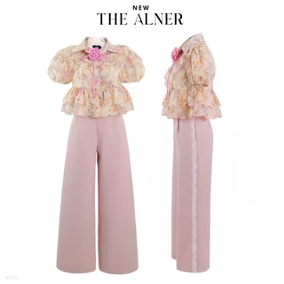 Thealner- (เซตเสื้อลายดอกแขนตุ๊กตาแต่งดอกกางเกงขายาว)