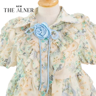 Thealner- (เซตเสื้อลายดอกแขนตุ๊กตาแต่งดอกกางเกงขายาว)