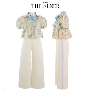 Thealner- (เซตเสื้อลายดอกแขนตุ๊กตาแต่งดอกกางเกงขายาว)