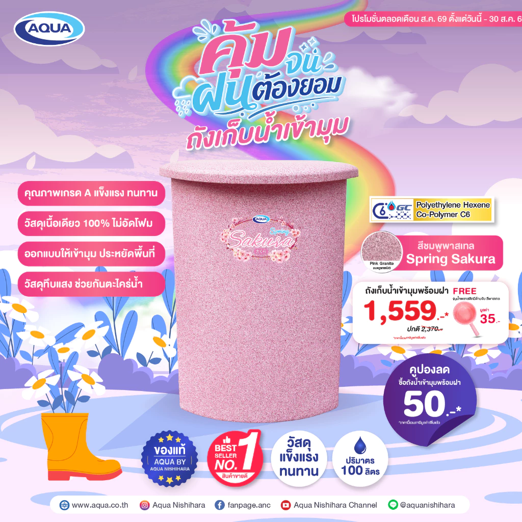 ถังเก็บน้ำเข้ามุม สีพาสเทล ขนาด 100 ลิตร กันตะไคร่น้ำ แข็งแรง ทนทาน วัสดุเนื้อเดียว 100% ของแท้จาก Aqua Nishihara