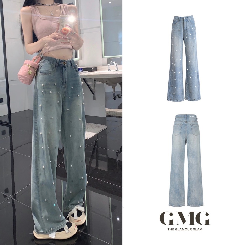 กางเกงยีนส์ขายาวทรงกระบอกปักมุกเอวสูง ผ้า Denim Jeans เก็บทรงสวยแมทช์ได้หลายลุคผ้านิ่มใส่สบายผ้าไม่ยืด (Pearl Jeans)