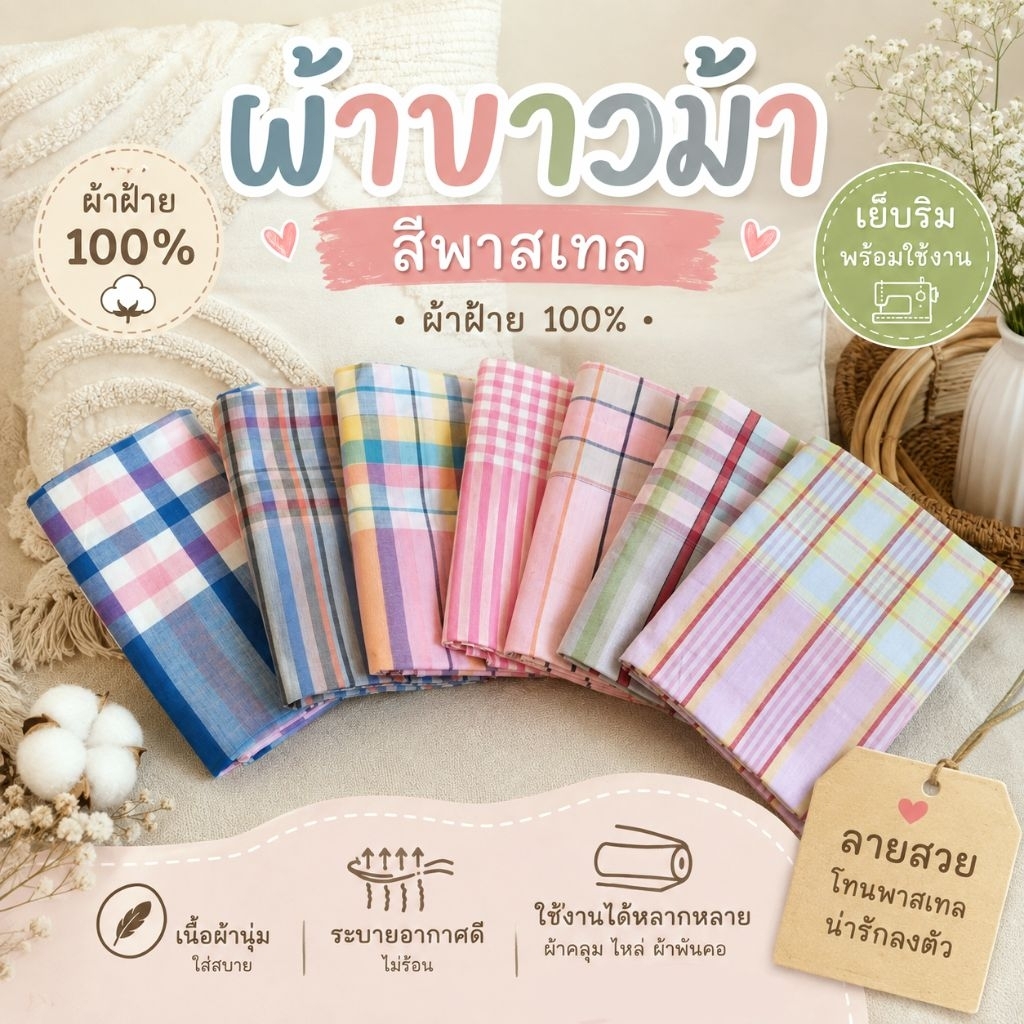 ผ้าขาวม้า สีพาสเทล 90x200 ฝ้าย 100% เย็บริมพร้อมใช้