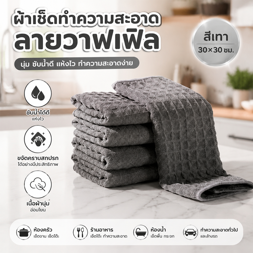 ผ้าเช็ดทำความสะอาดลายวาฟเฟิล ไมโครไฟเบอร์ ซับน้ำดี แห้งไว ผ้านุ่ม เช็ดคราบมันง่าย ใช้ได้สองด้าน 30x30ซม.