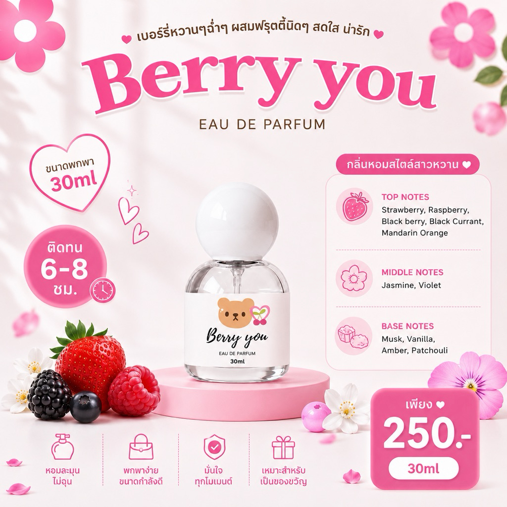 ( แพ็คเกจใหม่ ! ) 🎀— SUGAR BEAR :: น้ำหอมกลิ่น Berry you หอมหวานเบอร์รี่สดใสเกินต้าน มีเสน่ห์ น่ารัก