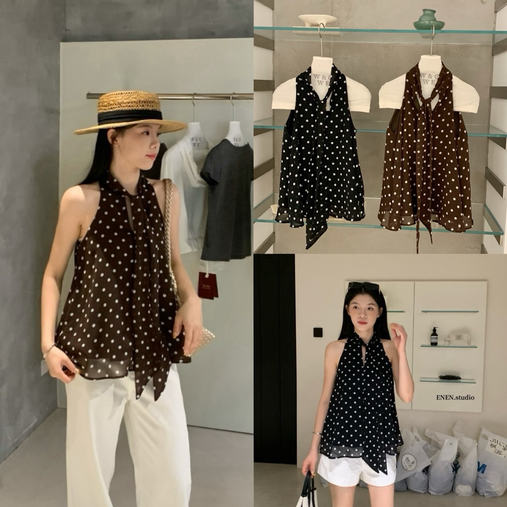 10613# เสื้อแขนกุดมีเชือกผูกโบว์ช่วงอก ลาย polka dot เนื้อผ้าดี งานสวย TAG : WG.WE