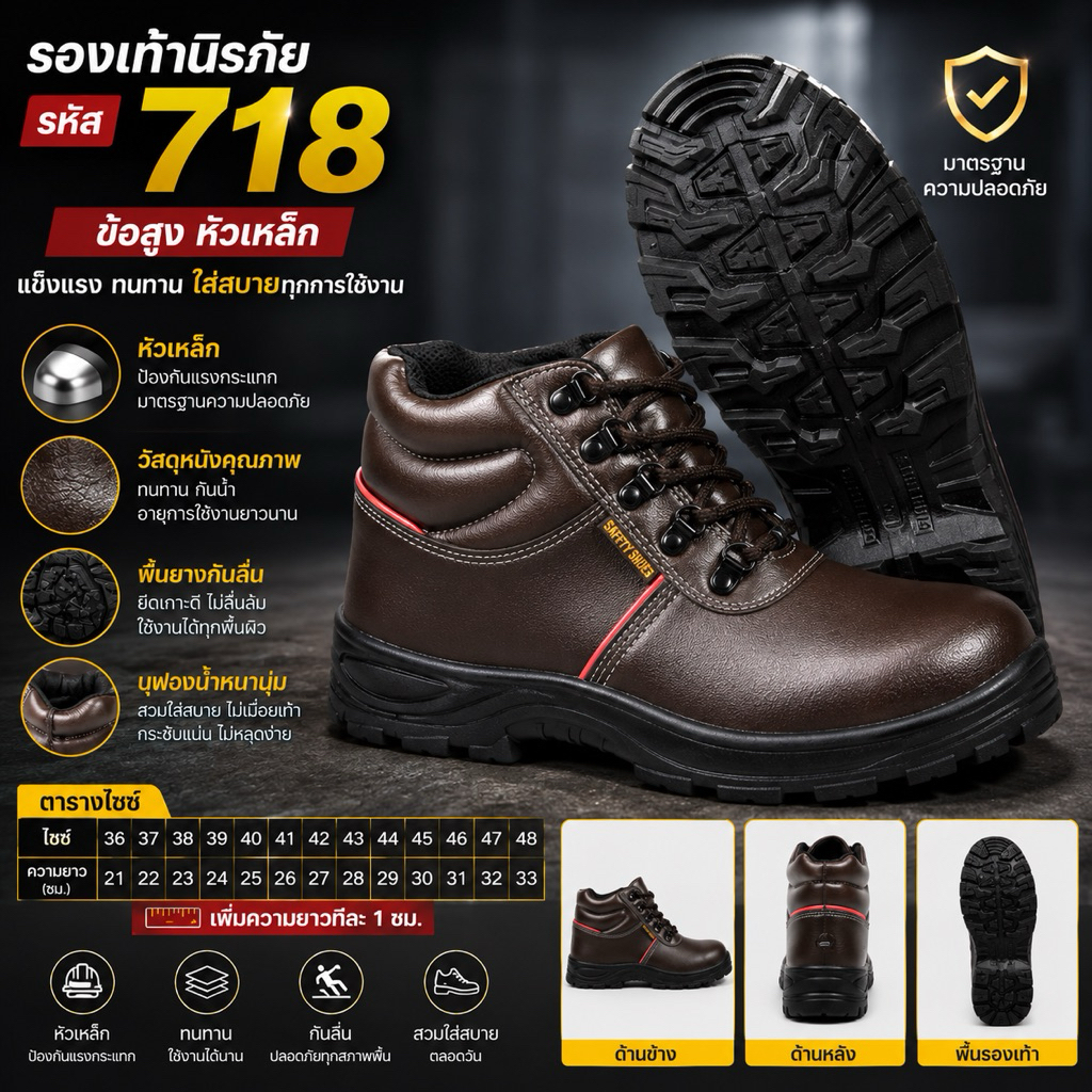 รองเท้าเซฟตี้หุ้มข้อ รุ่น 718 สีน้ำตาล หัวเหล็ก พื้นกันลื่น รองเท้านิรภัยสำหรับงานช่าง งานก่อสร้าง ไซซ์ 36-48