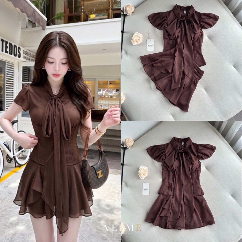 VELMÉ Set เซ็ตเสื้อดีไซน์คุณหนู กระโปรง-สีน้ำตาล