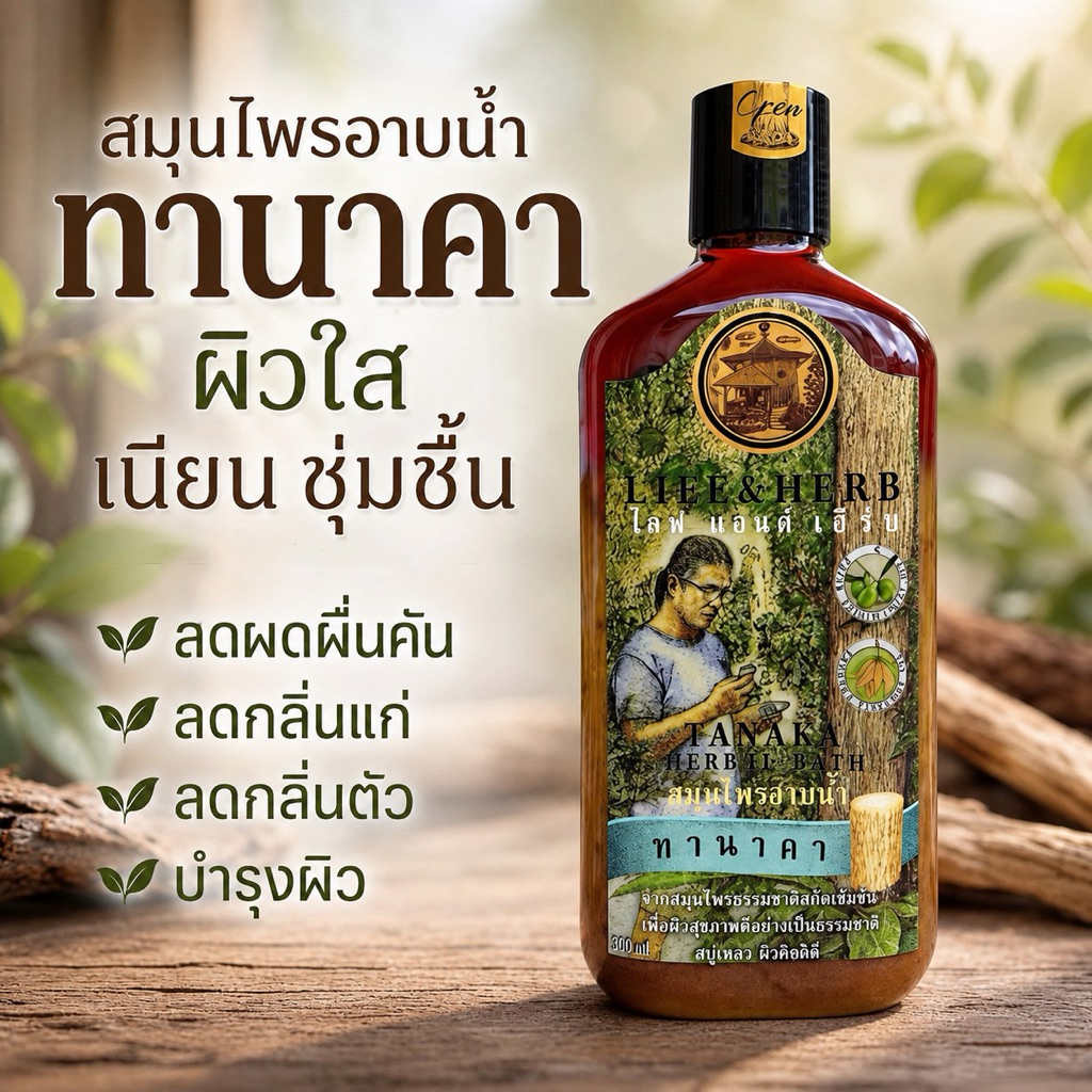 สินค้าขายดี สมุนไพรอาบน้ำ สูตรทานาคา บ้านอโรคยา แก้ผดผื่นคัน กลิ่นตัว กลิ่นแก่ สิวที่หลัง บำรุงผิว ผิวกระจ่างใส 300 ml.