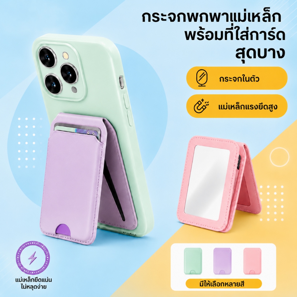 กระเป๋าใส่บัตรแม่เหล็ก MagSafe มีกระจกและขาตั้งในตัว เก็บบัตรกระทัดรัด เดินทางเบา เข้ากับเคสแม่เหล็กโทรศัพท์แอปเปิล