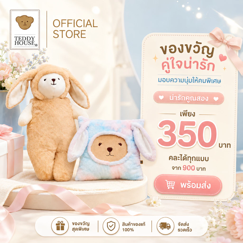 Teddy House : Furry Bunny หมอนกระต่ายสี่เหลี่ยม หมอนข้าง หนุนหลัง ผ้านุ่มขนfluffy ตุ๊กตา Hot Item