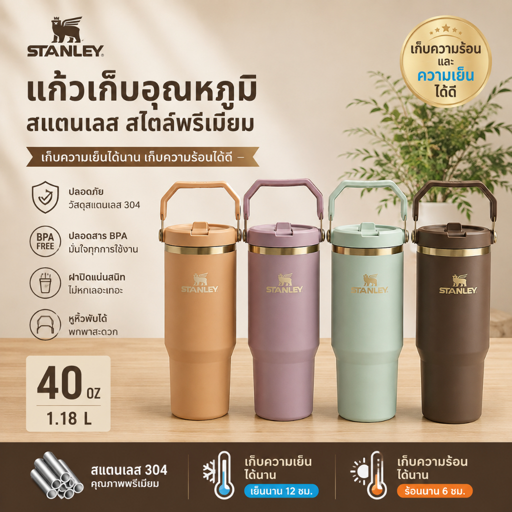 STANLEY แก้วหูหิ้วพับได้ หลอดพับได้ สวย ความจุมาก เก็บความร้อนเก็บความเย็น