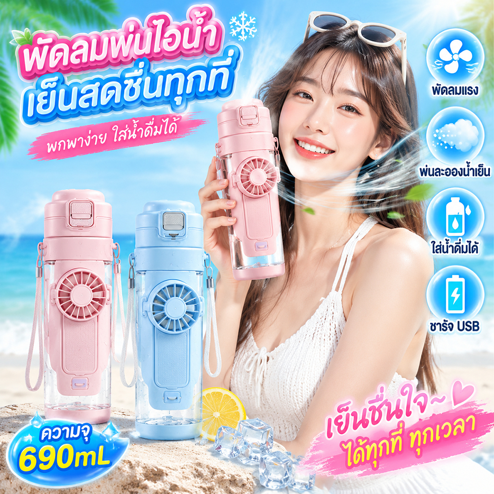 รุ่นใหม่ กระติกน้ำ ขนาด690ml ทั้งลมทั้งน้ำ 2 IN 1 พัดลม + พ่นไอน้ำ สไตล์สปอร์ต กระบอกน้ำดื่ม แก้วหัดดื่ม กันสำลัก