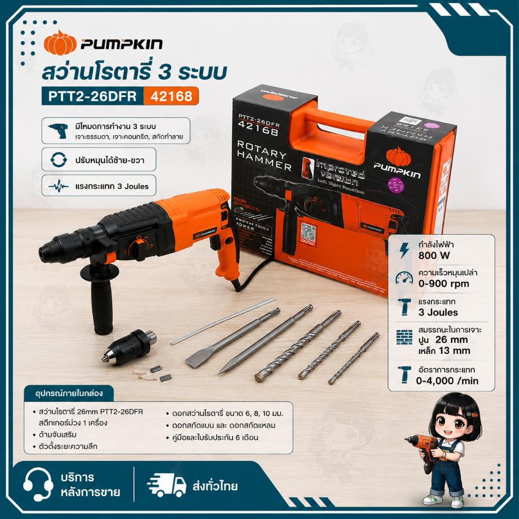 PUMPKIN 42168 สว่านโรตารี่ 26mm PTT2-26DFR สติ๊กเกอร์ม่วง