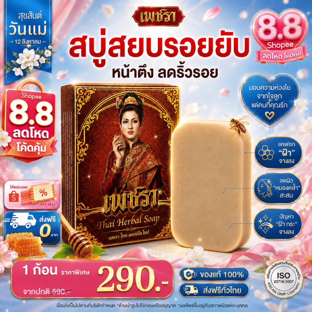 [โปรโมชั่น 1 ก้อน ] เพชรา Phetchara สบู่ล้างหน้าสมุนไพร พอกหน้า ดูแลริ้วรอย ฝ้า กระ 100 กรัม