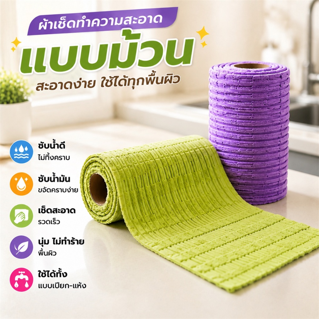 ผ้าม้วนเช็ดทำความสะอาดอเนกประสงค์ ผ้าเช็ดครัวขนาด 20x20 ซม. ซับน้ำมันดี ฉีกง่าย ใช้สะดวก เปลี่ยนใหม่ทุกสัปดาห์