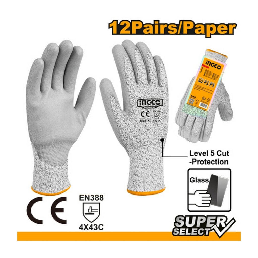 INGCO รุ่น HGCG02-XL ถุงมือกันบาด ถุงมือเซฟตี้ เคลือบสาร PU กันลื่น  ไซส์ XL