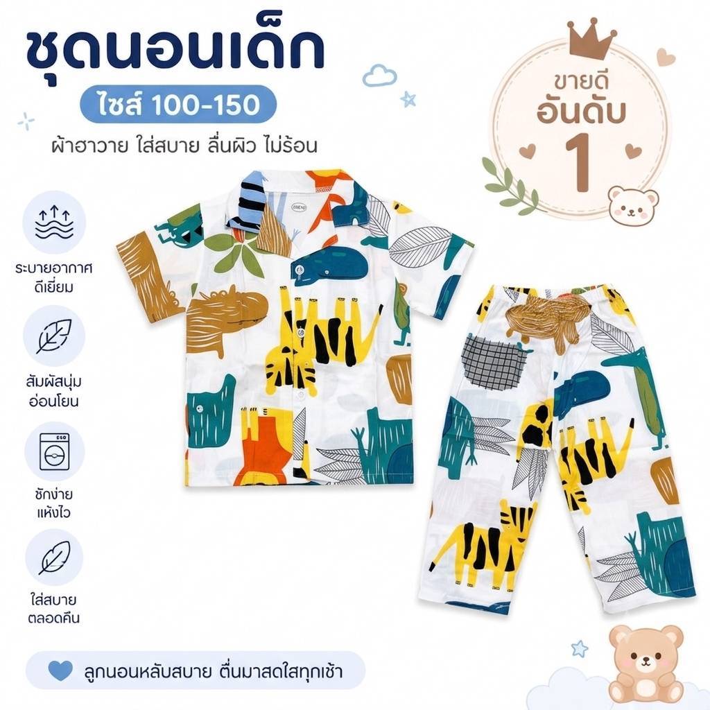 ชุดนอนเด็กคอปกแขนสั้นขา 5 ส่วน ชุดนอนเด็กชาย เด็กหญิง ผ้าฮาวาย มีกระดุมหน้า ไซส์ 100-120