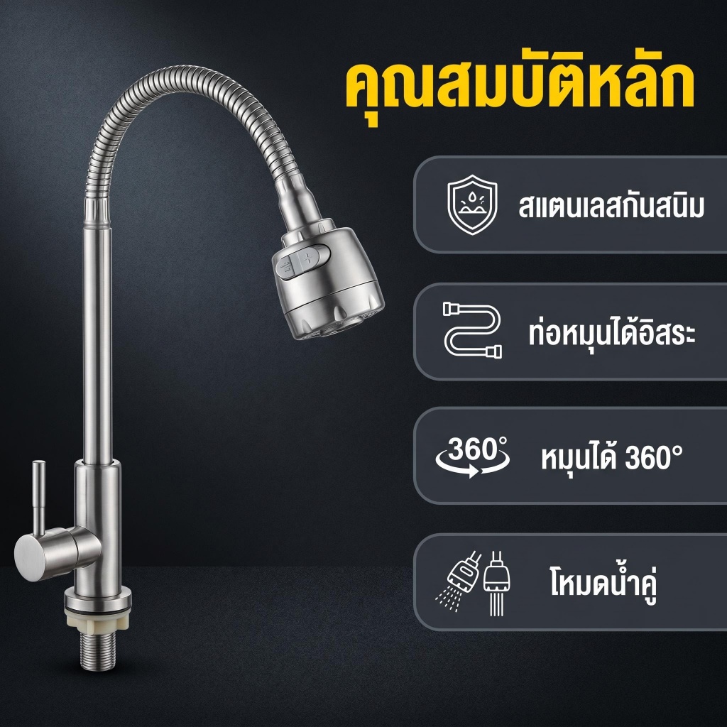 ก๊อกน้ําอ่างล้างจานสแตนเลสสามารถโค้งท่อโลหะตามอําเภอใจ, สปริงเกลอร์เต้าเสียบคู่, หมุนได้ 360 องศา, ครัวในครัวเรือนการติด