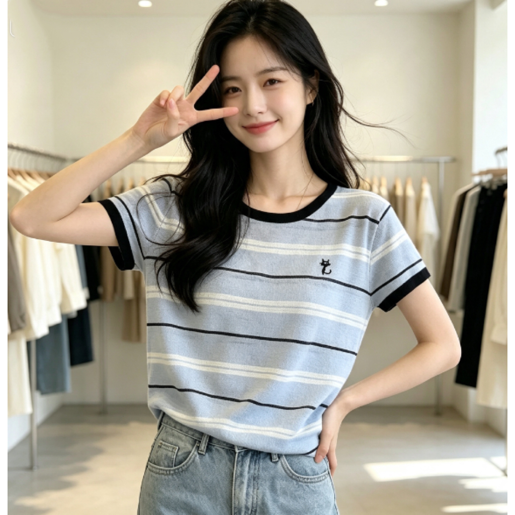 เสื้อยืดแขนสั้นลายทางสีฟ้าสำหรับผู้หญิง สไตล์ใหม่สำหรับฤดูร้อน ลวดลายลูกแมวน่ารักไม่ซ้ำใคร คอทรงกลม เสื้อใส่ได้ทุกวันคุณ
