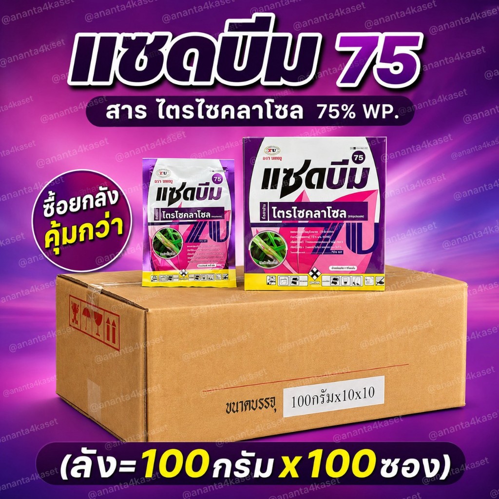 แซดบีม75 ขนาด100กรัม (สินค้ายกลัง=100กรัมx100ซอง) ( สาร ไตรไซคลาโซล 75% WP)สารป้องกันกำจัดโรคไหม้ในนาข้าว ตราแซดยู