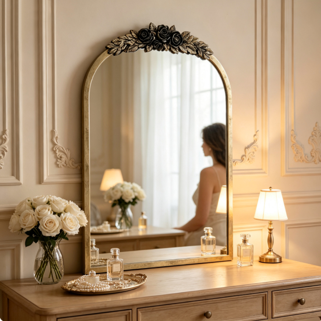 ARTLOGE กระจกสไตล์บาโรกสีทองเหลืองแบบวินเทจเฟรมโลหะติดผนังโบราณกระจกติดตั้ง Arched Antique Wall Mirror with Rose Pattern