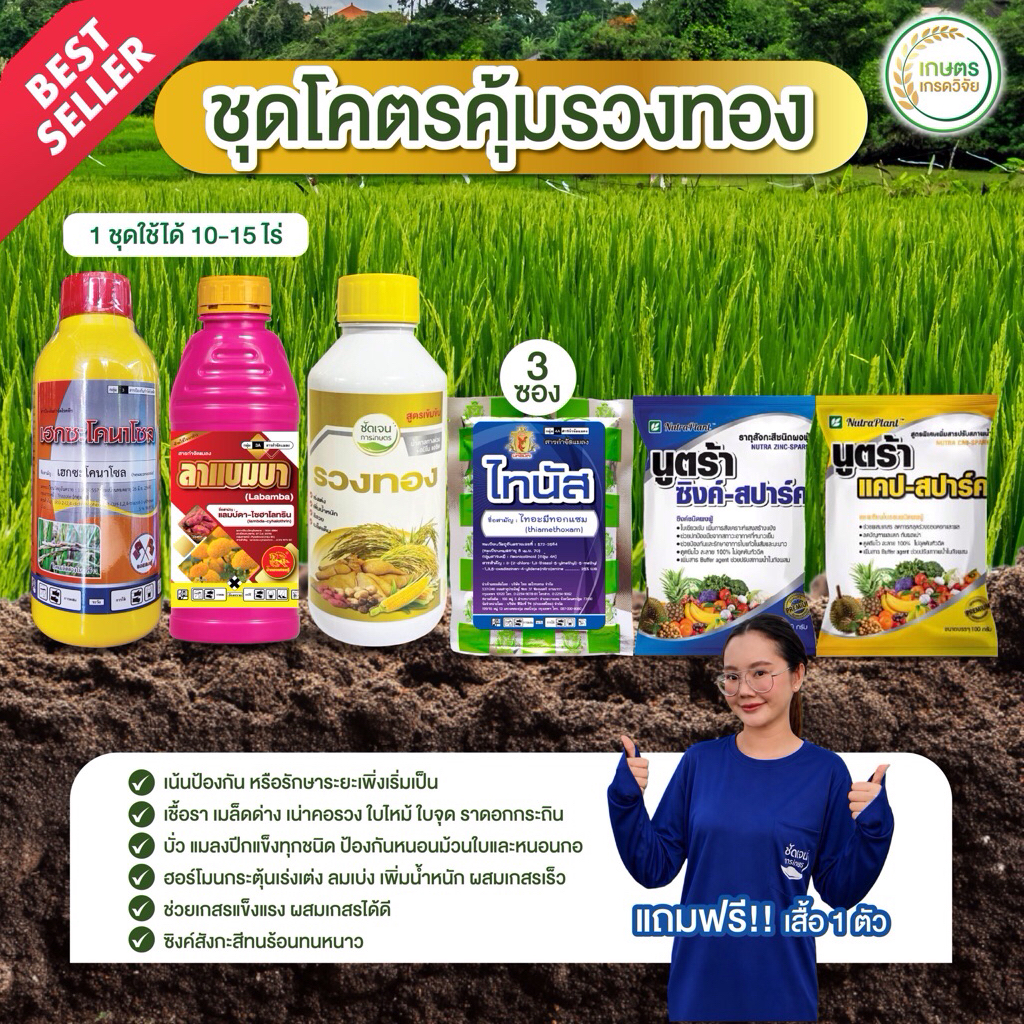 โครตคุ้มรวงทอง(แถมเสื้อ1ตัว) ทั้งป้องกันเชื้อราและหนอน เพลี้ย แมลงทั้งบำรุงต้นข้าวให้แข็งแรงสมบูรณ์ 1ชุด15-20ไร่