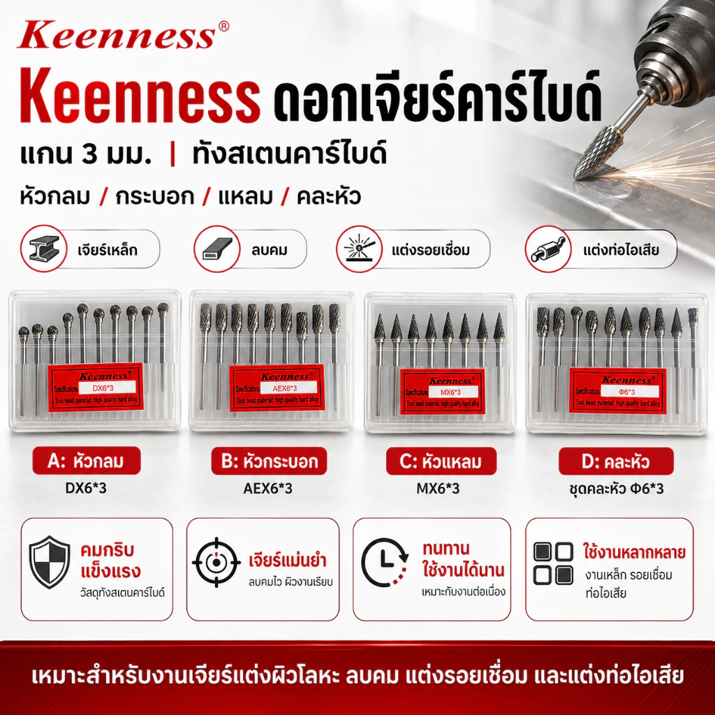 Keenness ชุดดอกเจียร์คาร์ไบด์ ลบคม แต่งรอยเชื่อม แกน 3 มม. เจียร์เหล็ก ขัดแต่ง Muffler & Engine/Exhaust