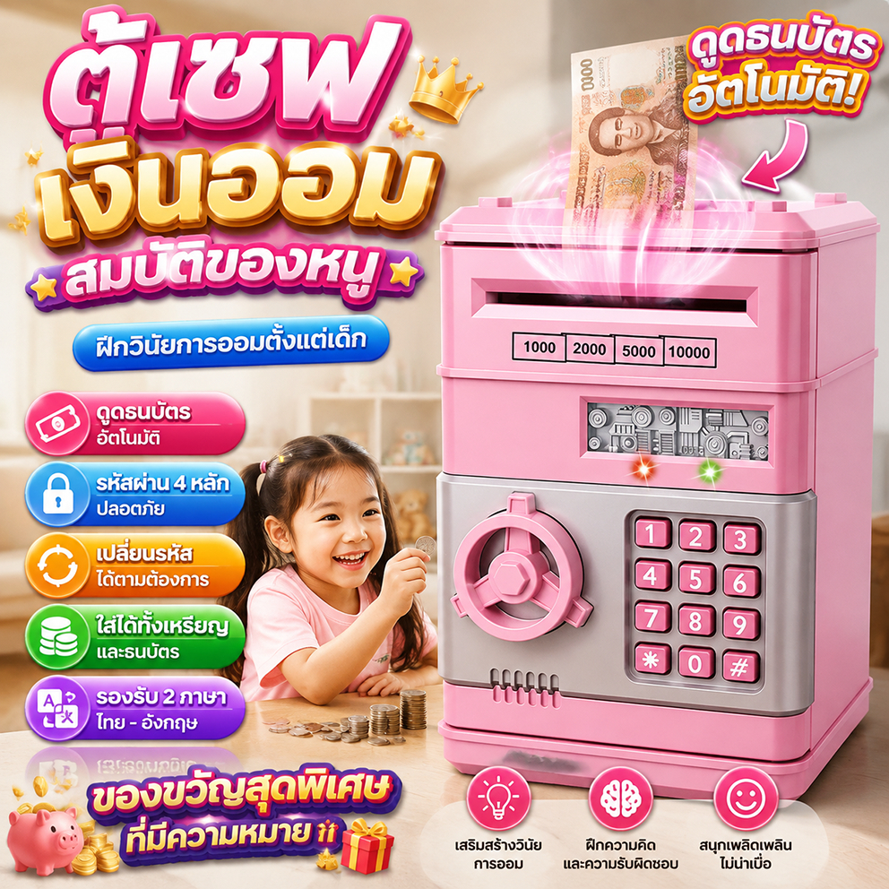 กระปุกออมสินเด็ก รูปทรงน่ารัก ฝึกการออมเงินสำหรับเด็ก วัสดุแข็งแรง ของขวัญวันเกิดและของเล่นเสริมทักษะ