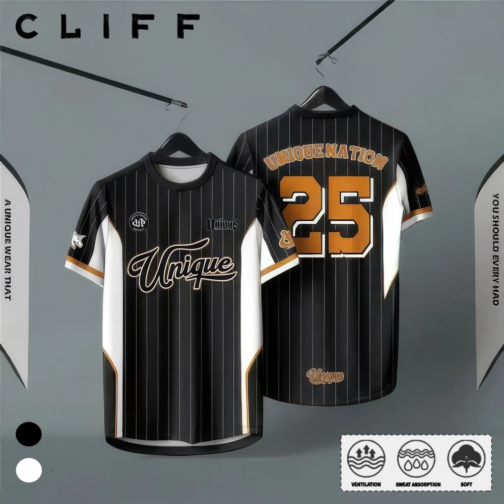 CLIFFเสื้อกีฬาลายเส้นแขนสั้น เสื้อยืด ลวดลายดิจิทัล รุ่นเดียวกันสําหรับชายและหญิง เสื้อสไตล์อเมริกันวินเทจ oversize