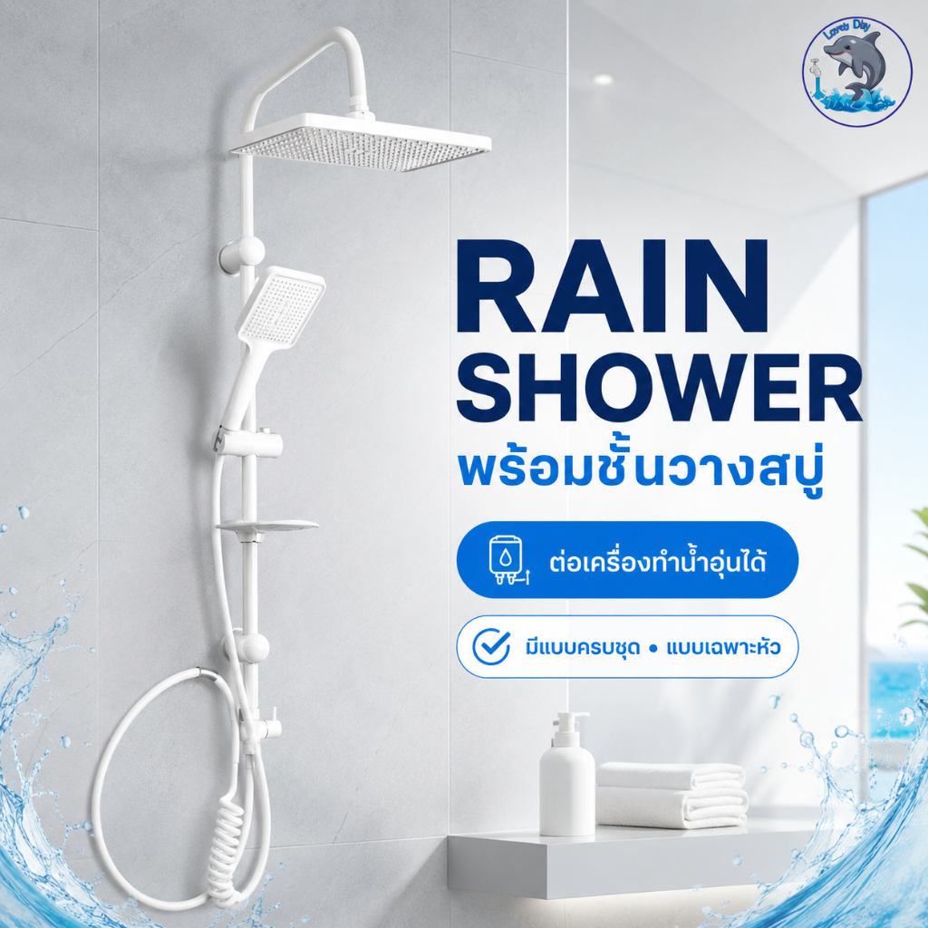 ฝักบัวอาบน้ำ Rain Shower ชั้นวางสบู่ ใช่ต่อกับเครื่องทำน้ำอุ่นได้ มีแบบครบชุดและแบบเฉพาะหัว