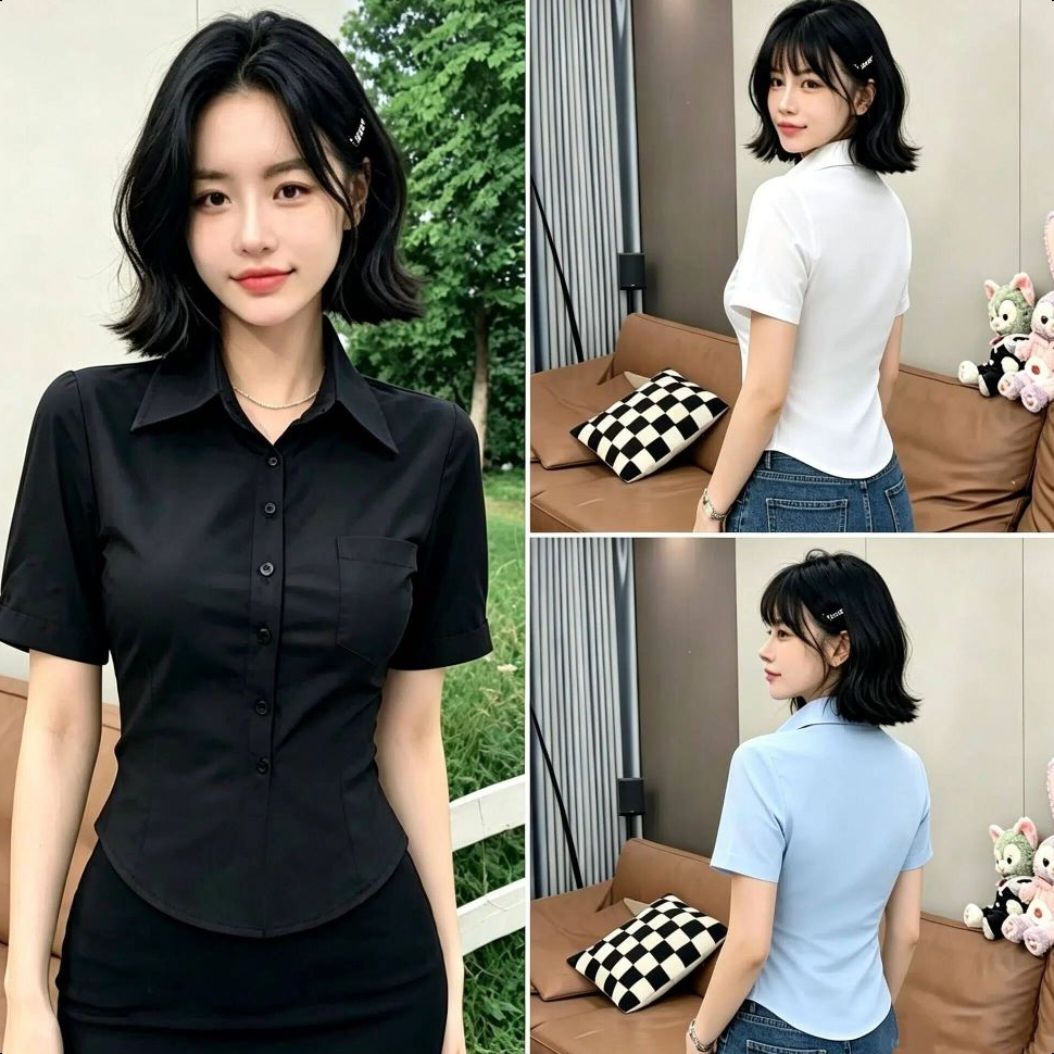 Aurae เสื้อแฟชั่นผู้หญิงสไตล์เกาหลี เสื้อเชิ้ตแขนสั้นทรงรัดเอว สีเรียบ ใส่เที่ยวสบาย  มีหลายสีให้เลือก
