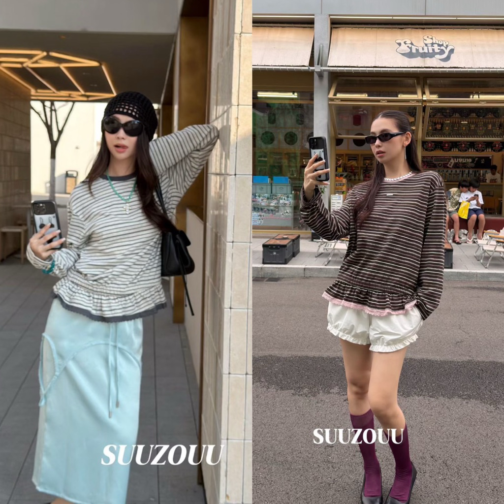 #SU557 Lace Long Sleeve Top เสื้อยืดแขนยาวผ้าคอตตอนหนานุ่มกำลังดี ดีไซน์ลายทางคลาสสิกเพิ่มกิมมิค Tag MMfish