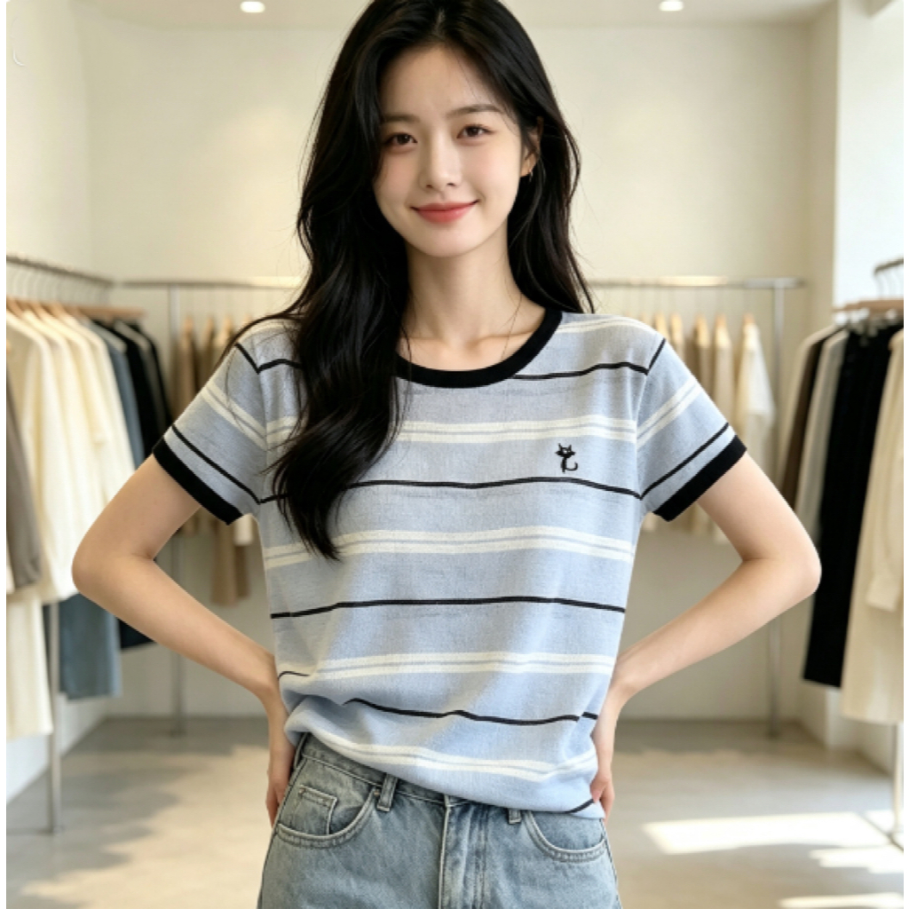 เสื้อยืดแขนสั้นลายทางสีฟ้าคุณภาพสูงสำหรับผู้หญิง สไตล์ใหม่สำหรับฤดูร้อน ลายแมวน่ารัก คอทรงกลม เรียบง่ายและใช้งานได้หลากห