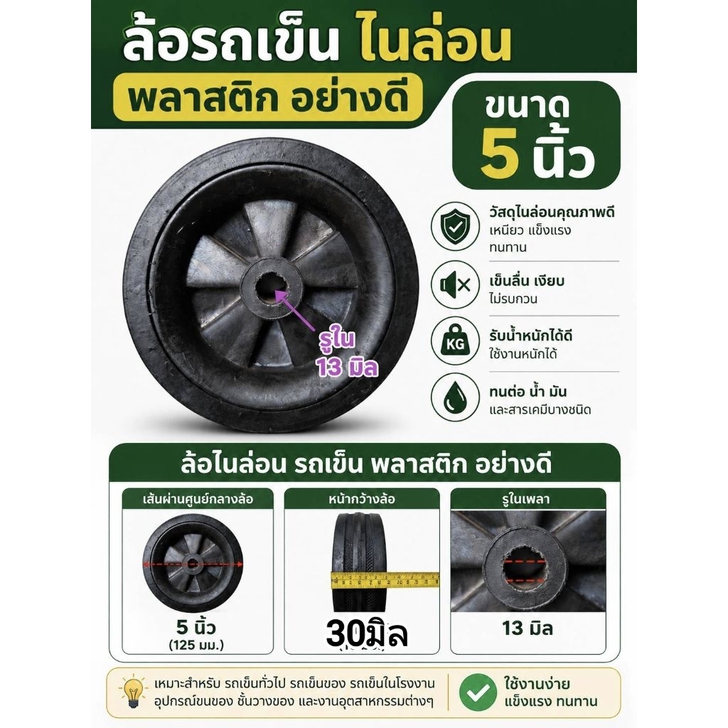 ล้อรถเข็น 5 นิ้ว ล้อไนล่อน ล้อพลาสติกอย่างดี รูใน 13 มม. ล้อรถเข็นงานช่าง ล้อรถเข็นของ ล้อเปลี่ยนรถเข็น