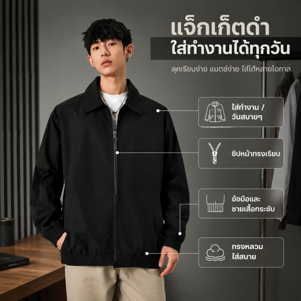 🚚men's jackets🚚เสื้อแจ็กเก็ตผู้ชาย เสื้อแจ็คเก็ตผู้ชายกันลม เสื้อแ มีซิป มีกระเป๋า2ข้างเท่สุดๆ สบายๆ สไตล์คลาสสิก
