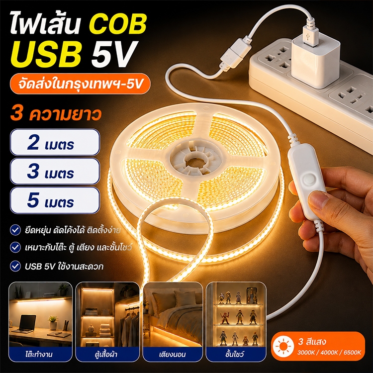 ไฟเส้น COB LED Strip Light USB 5V พร้อมสวิตช์ แสงเนียนไม่เห็นเม็ดไฟ มีกาวในตัว 2M 3M 5M RA90 3000K 4000K 6500K