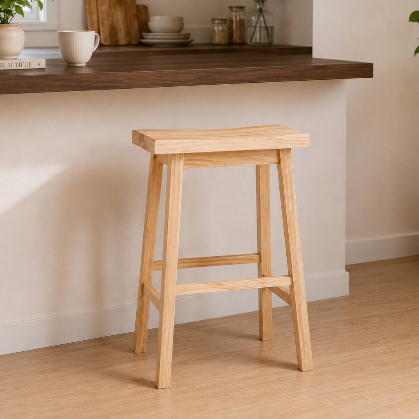 PJ wood เก้าอี้บาร์ 24 นิ้ว ทรงอานม้า เก้าอี้สตูลไม้แท้ 24-Inch Rubberwood Saddle stool