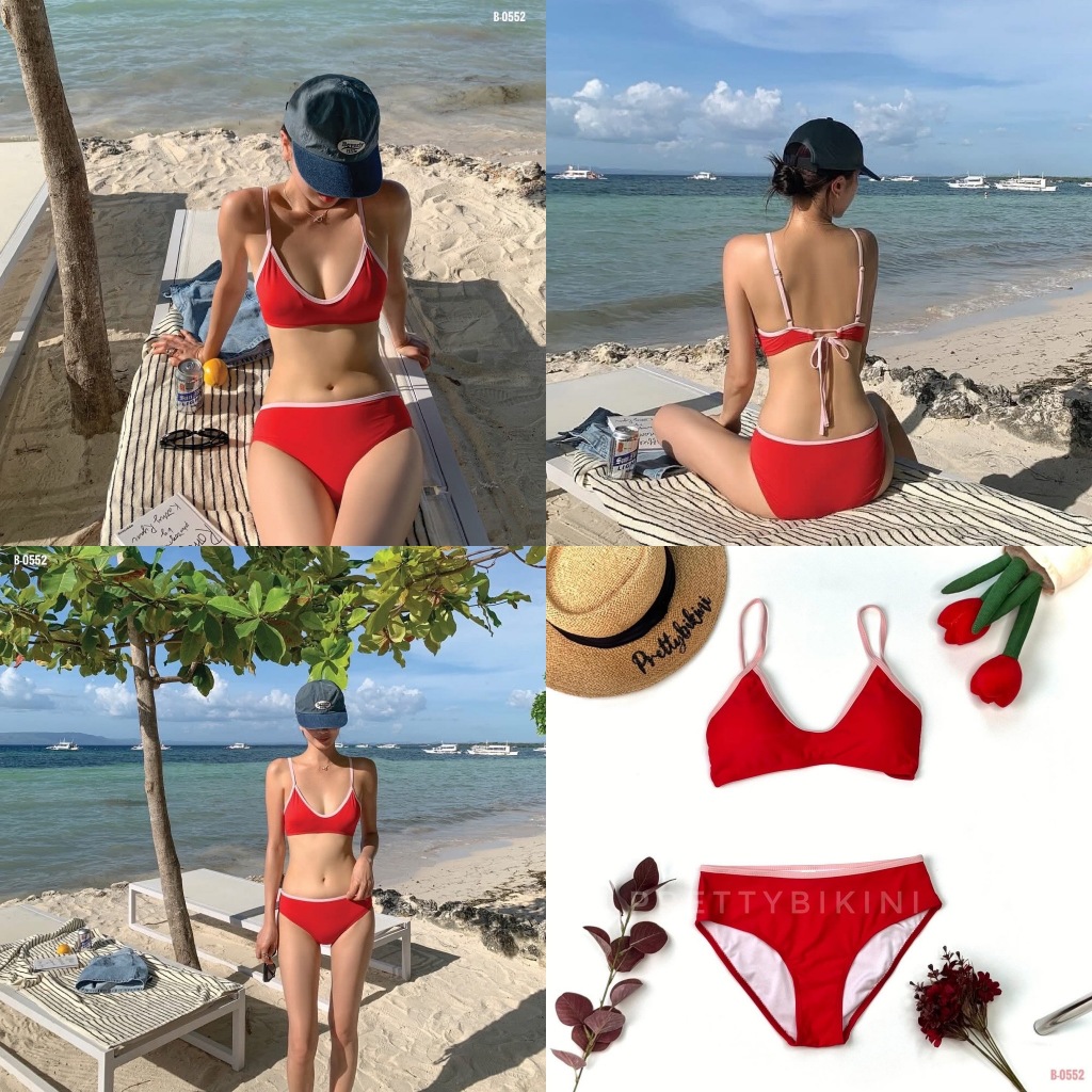 B-0552👉 ชุดว่ายน้ำ บิกินี่สีแดง ใครใส่ก็ปังแบบไม่ต้องพยายามเลยค่ะ บราปรับผูก แดงตัดขอบชมพูน่ารักสดใสเกินต้านเลยค่ะ