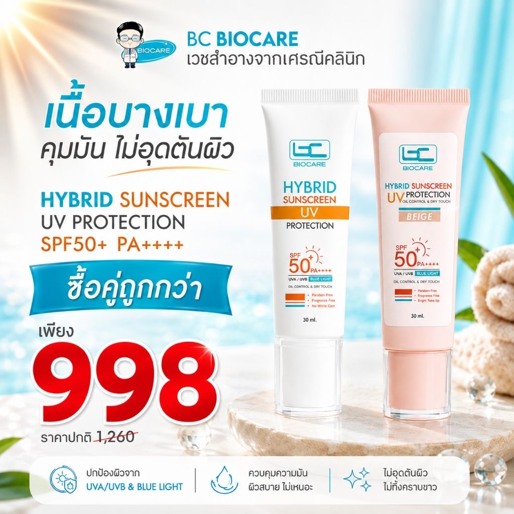 [ซื้อคู่ถูกกว่า] ครีมกันแดด Hybrid Sunscreen เนื้อบางเบา เกลี่ยง่ายซึมไว ไม่ทิ้งคราบ (มี 2 สี - สีขาวและสีเบจ) - 998