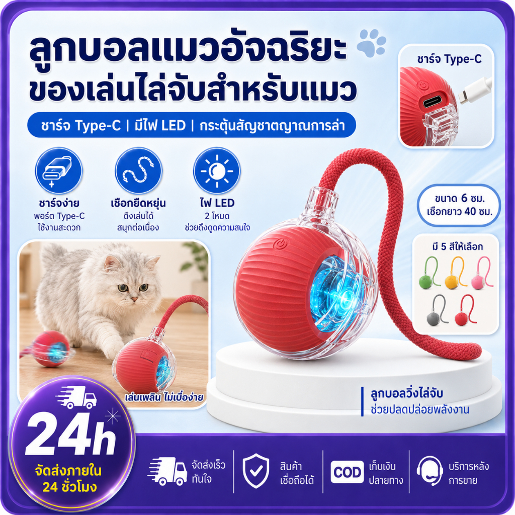 PETWELL บอลแมวอัตโนมัติ ชาร์ตแบตได้ ของเล่นแมวโต้ตอบ สมาร์ทไฟฟ้า หมุนได้ ของใช้แมว