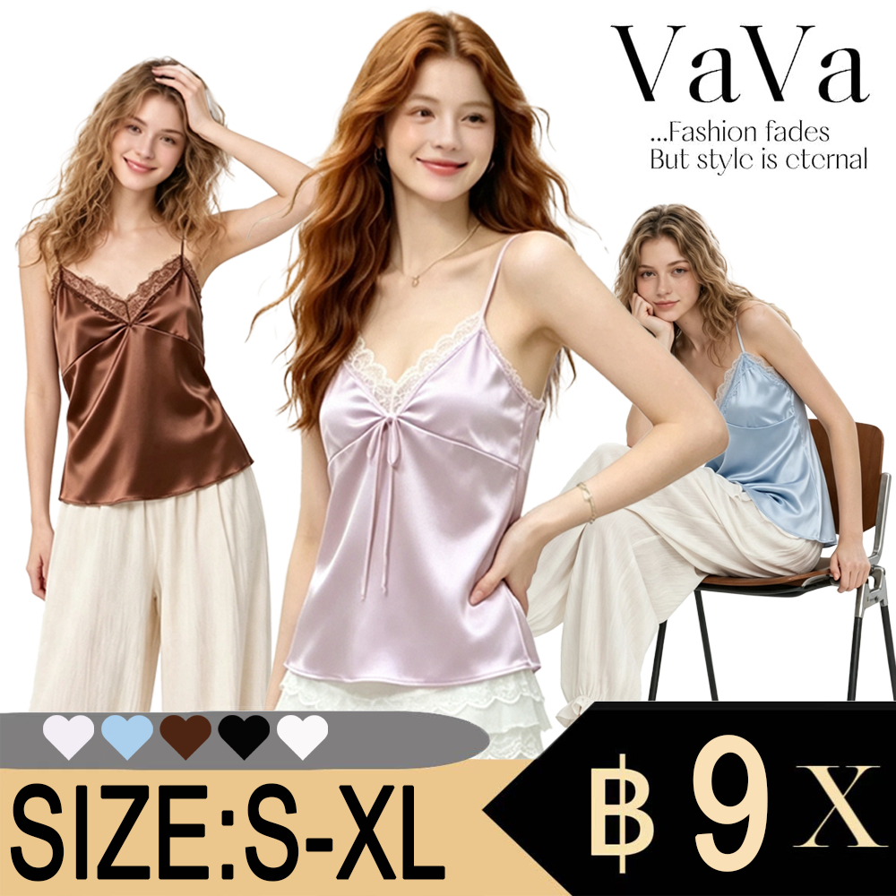 VaVa【ในสต็อก】เสื้อสายเดี่ยวลูกไม้แฟชั่นสไตล์ยุโรปและอเมริกาสำหรับผู้หญิง เสื้อสายเดี่ยวแขนกุดสวมใส่สบาย